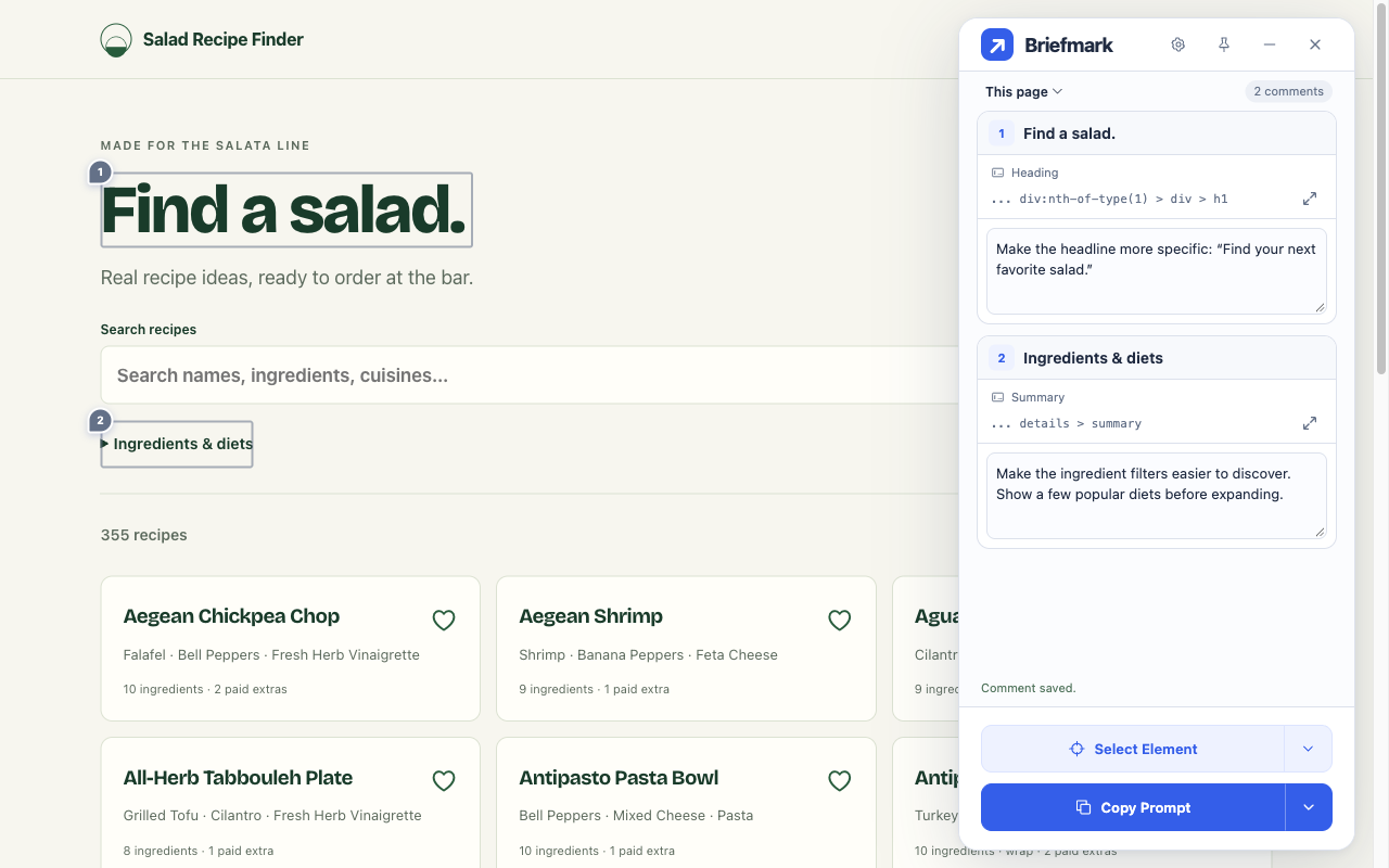 Briefmark comments on the Find a salad heading and recipe filters on Salad Recipe Finder