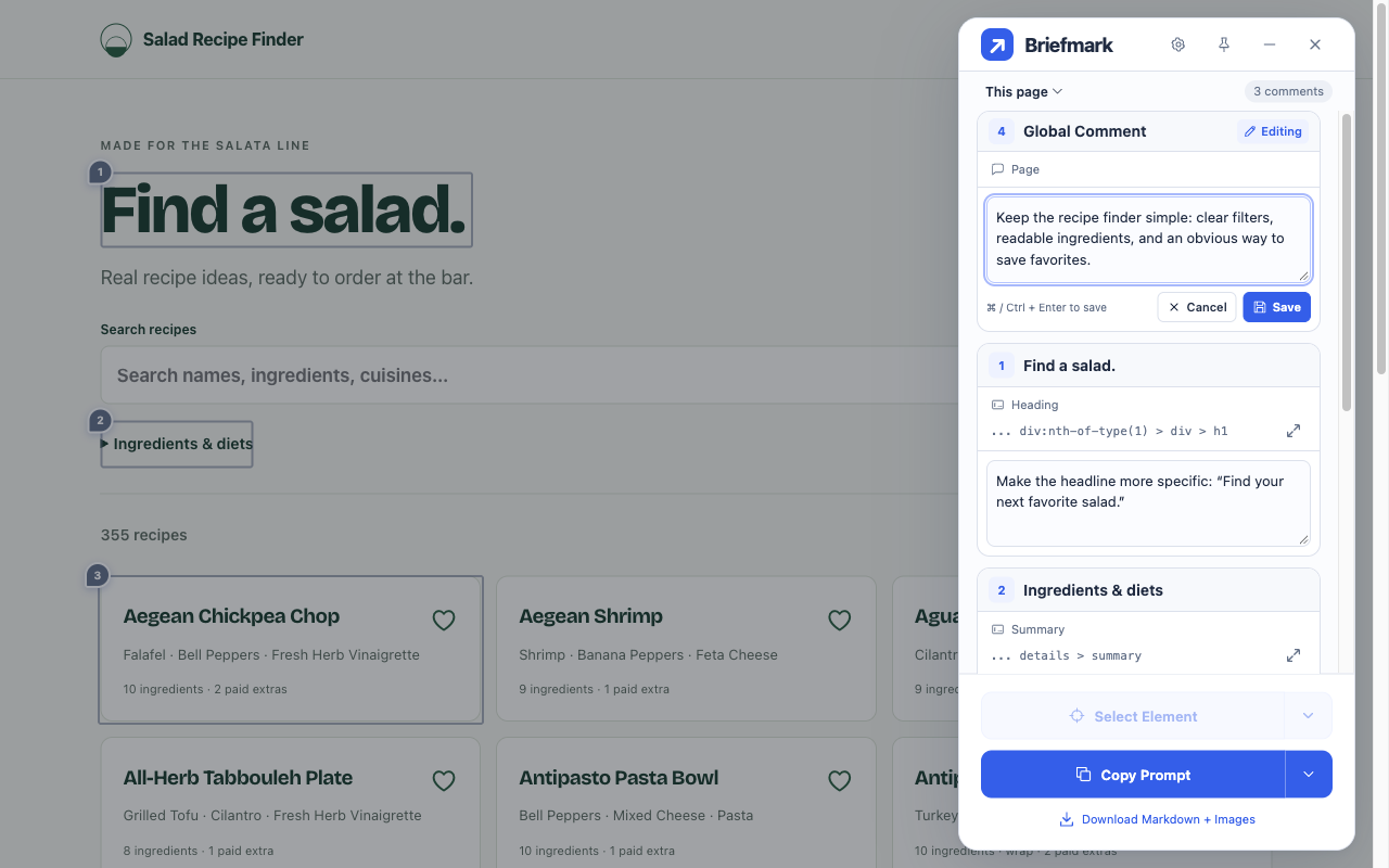 A global comment about Salad Recipe Finder in the current Briefmark editor