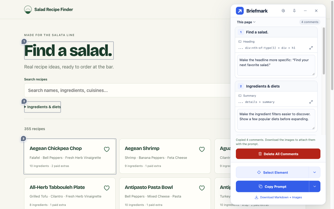 Briefmark prompt and export controls with Salad Recipe Finder feedback