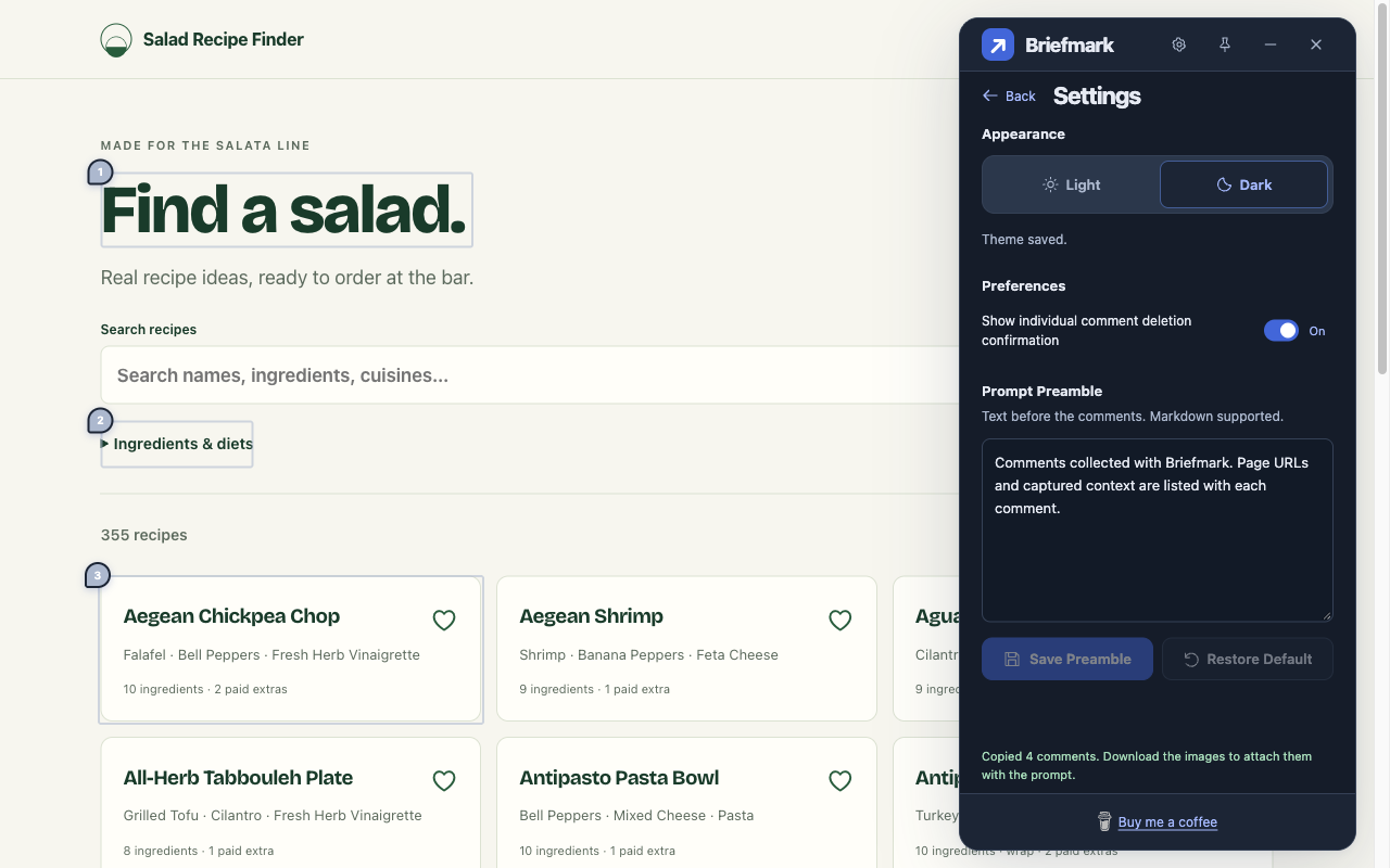 Current Briefmark settings beside Salad Recipe Finder